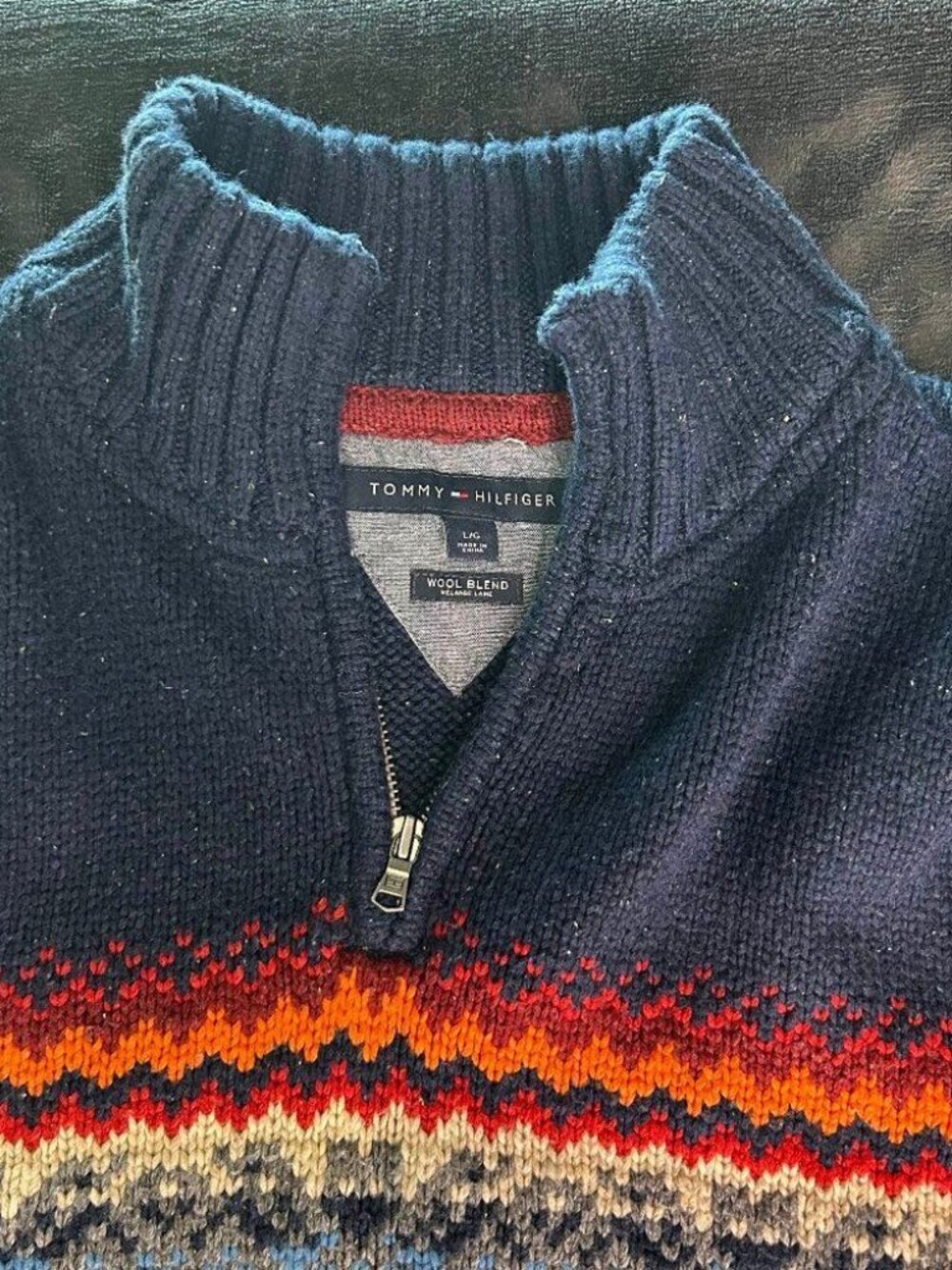 Tommy Hilfiger Wool Blend 1/4 Zip Sweater L Fair Isle Navy Beige Pattern